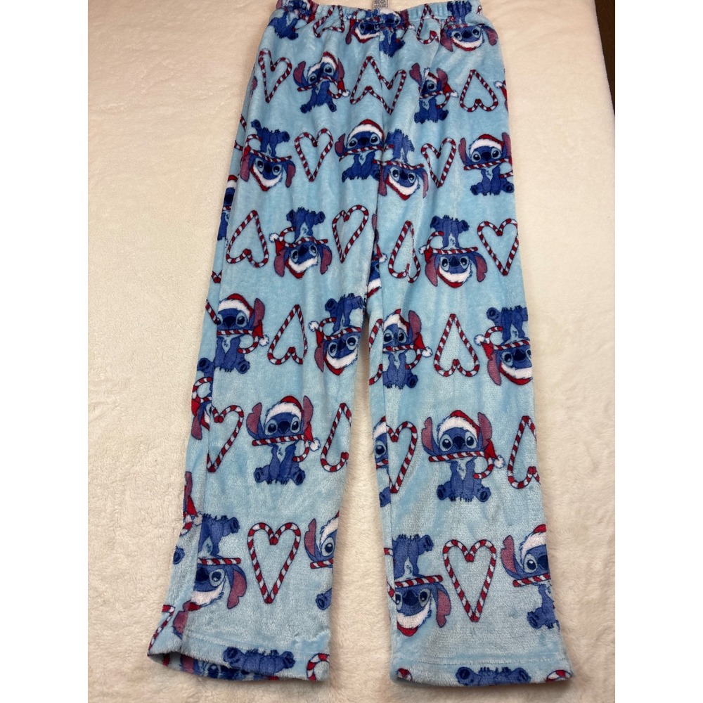Disney Stitch Christmas Pajama Pants Blue Fleece Candy Cane Heart Large Holiday